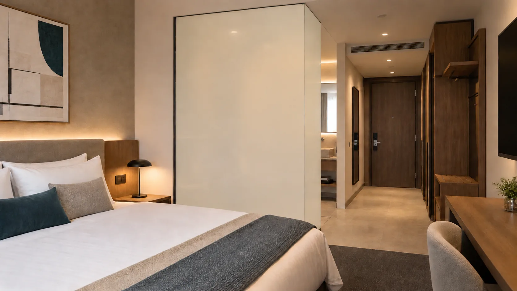 Chambre d’hôtel avec séparation vitrée Smart Film, vitrage privé